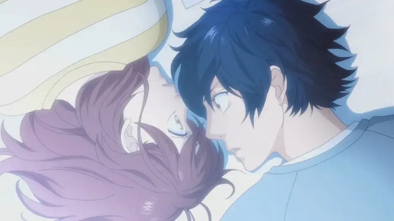 Futaba and Kou laying face-to-face on a bed with soft lighting in Ao Haru Ride.