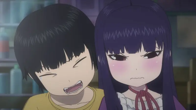 Haruo yelling playfully while Akira glares at him with puffed cheeks in the arcade-focused anime High Score Girl.