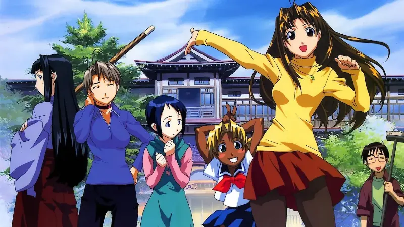 Naru, Keitaro, and the rest of the Hinata House residents standing outside the dorms in Love Hina.