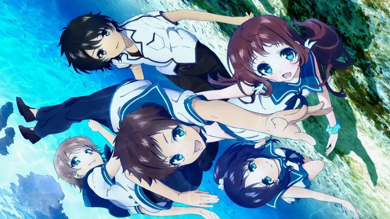 Hikari, Manaka, Chisaki, and Kaname floating underwater in their school uniforms in A Lull in the Sea.