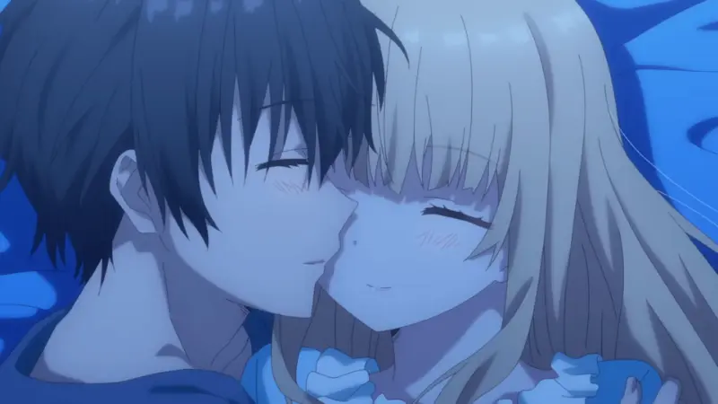 Amane and Mahiru lie closely together, sharing a quiet moment resting on a bed under soft blue lighting.