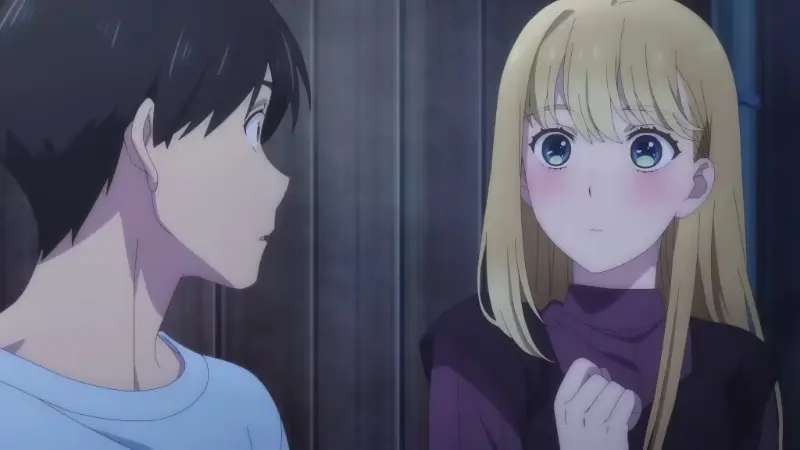 A blushing Shiori Goshiki looks gently at Ichiro Kuga while standing intimately close to him outdoors.