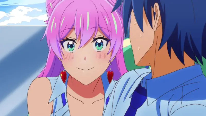 A smiling Akari Watanabe leans in closely toward a nervous, sweating Jiro Yakuin in a brightly lit room.