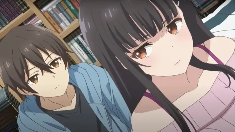 Yume leans forward with a neutral expression closely next to Mizuto inside a room filled with bookshelves.