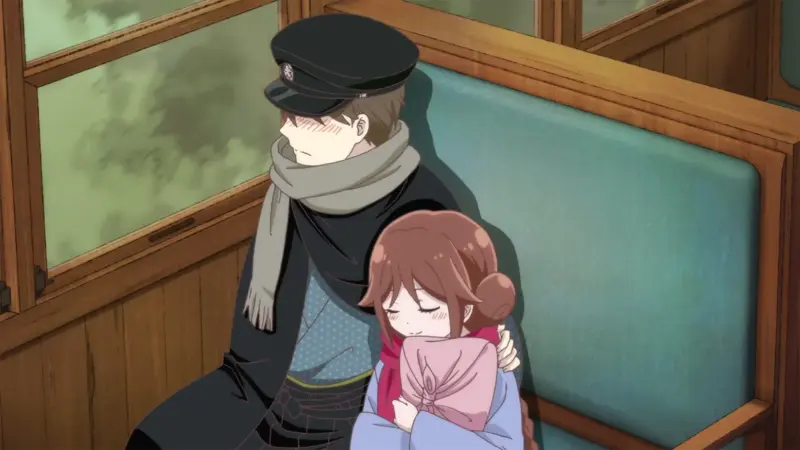 Yuzuki rests peacefully against a blushing Tamahiko's shoulder as they ride together on a green train seat.