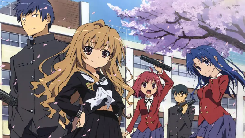Taiga, Ryuuji, and their friends stand confidently together outside their school under blooming pink cherry blossoms.