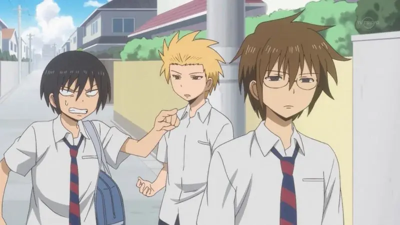 Tadakuni, Hidenori, and Yoshitake walk down a sunny suburban street in their white high school uniforms in Daily Lives of High School Boys.