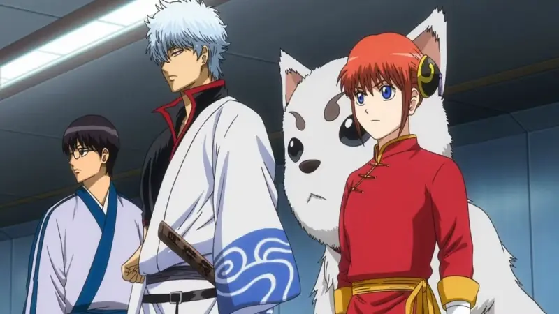 Gintoki, Shinpachi, and Kagura stand confidently next to their giant white dog, Sadaharu, in the legendary comedy anime Gintama.