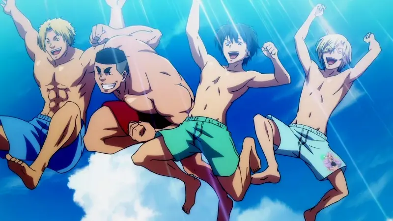 Iori, Kohei, and two upperclassmen jump joyfully into the bright blue sky wearing only swim trunks in the college comedy Grand Blue Dreaming.
