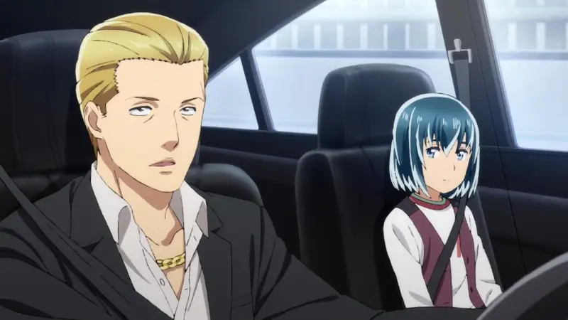 The yakuza member Nitta drives a car in a suit while the telekinetic girl Hina sits blankly in the passenger seat in Hinamatsuri.