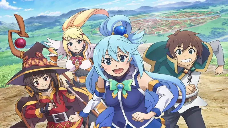 Kazuma, Aqua, Megumin, and Darkness smile brightly while standing together in a grassy landscape in the Isekai parody Konosuba.