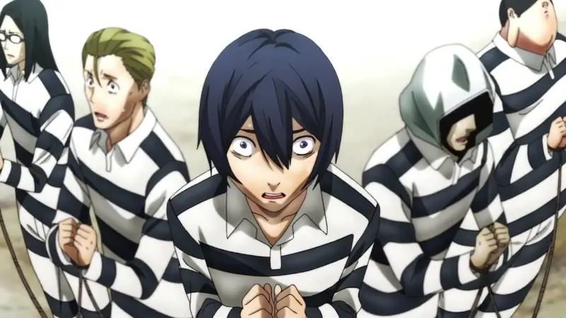 Kiyoshi and his classmates kneel in shock wearing striped prison uniforms with ropes tied around their waists in Prison School.