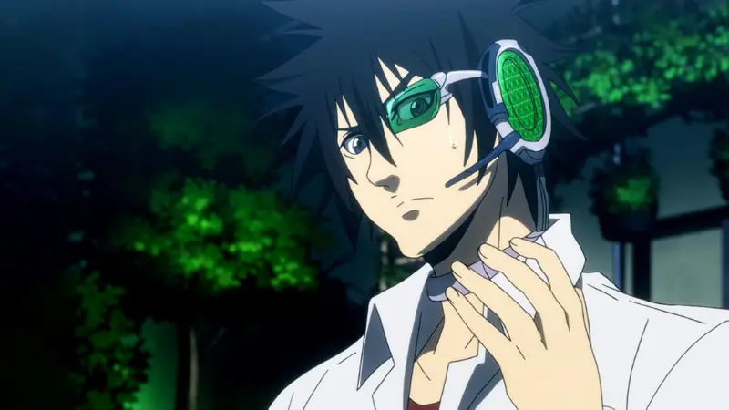 Chota wearing a green electronic monocle headset and looking shocked in the Alice in Borderland anime OVA.