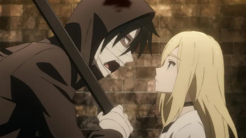 Zack heavily bandaged holding his scythe while looking down at Rachel Gardner in the survival thriller Angels of Death.