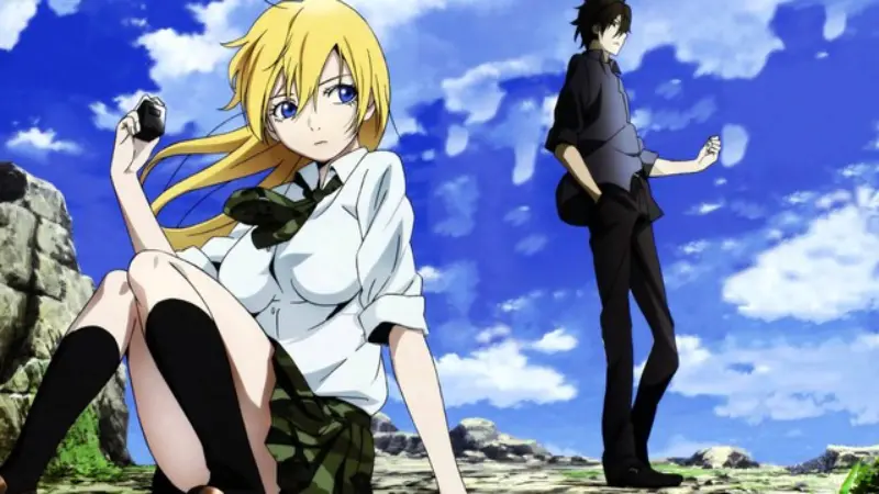 Himiko sitting on the rocky ground while Ryouta Sakamoto stands behind her in the death game anime Btooom!