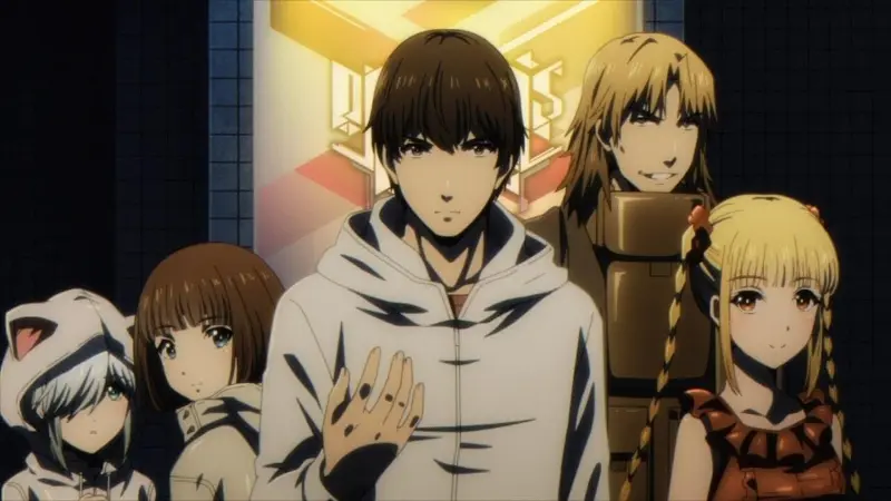 Kaname, Shuka, and the rest of the Sunset Ravens clan standing together in a subway station in Darwin's Game.