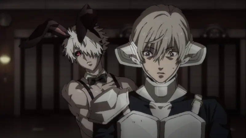 The Rabbit warrior Usagi standing menacingly behind Tsugiyoshi Sumino in the battle royale anime Juuni Taisen.