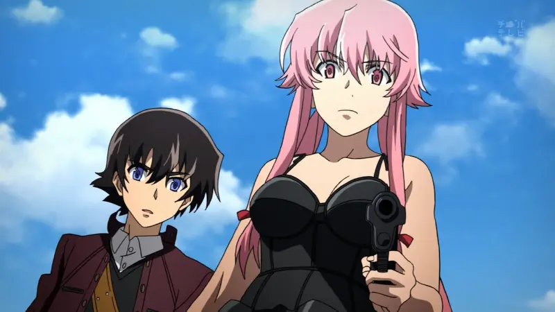 Yuno Gasai holding a handgun while standing next to Yuki Amano under a blue sky in the survival anime Mirai Nikki.