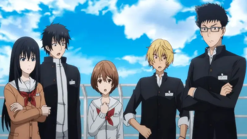 Yuuichi Katagiri and his friends standing together in their school uniforms, looking surprised in Tomodachi Game.