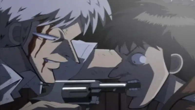 Shigeru Akagi intensely confronting a rival with a revolver during a tense underground mahjong dispute.