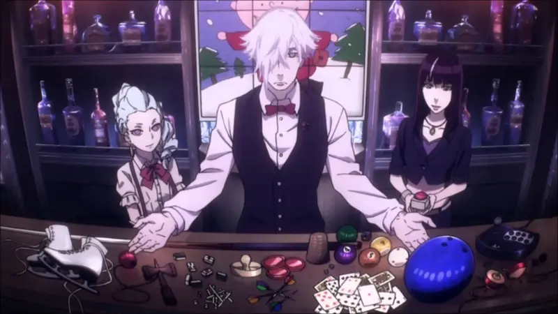 Decim standing at the Quindecim bar next to Chiyuki and Nona, presenting a display of various bar games.