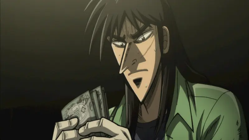 Kaiji Ito nervously counting a thick stack of hundred dollar bills in a dimly lit room, a classic scene from a high-stakes gambling anime.