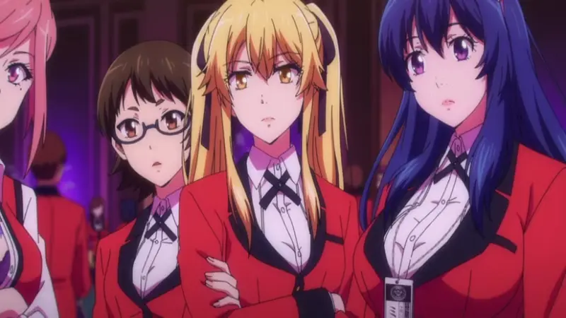 Mary Saotome standing confidently with her arms crossed alongside Tsuzura Hanatemari and other students at Hyakkaou Academy in this high-stakes gambling anime.