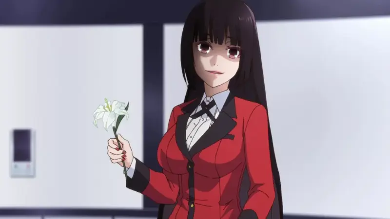 Yumeko Jabami smiling ominously while holding a single white lily, representing the unpredictable thrill of a high-stakes gambling anime.
