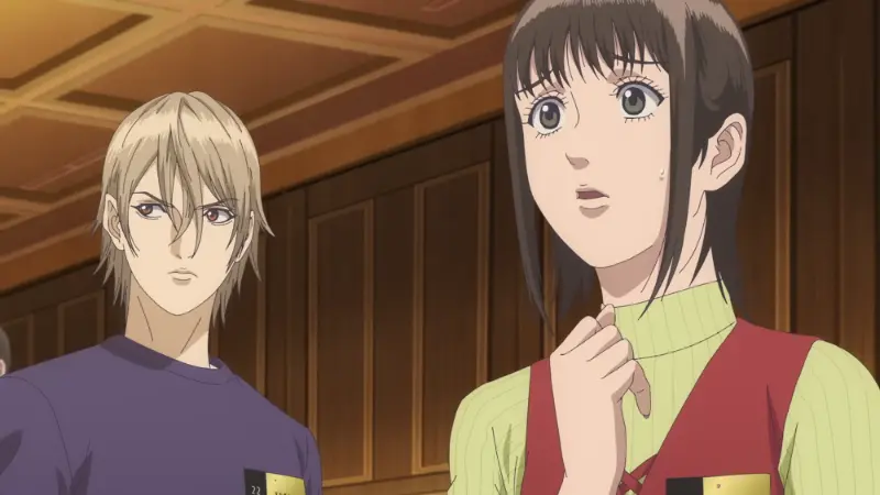 Nao Kanzaki looking anxious alongside a serious Shinichi Akiyama, both wearing participant name tags in the 2026 anime adaptation of Liar Game.
