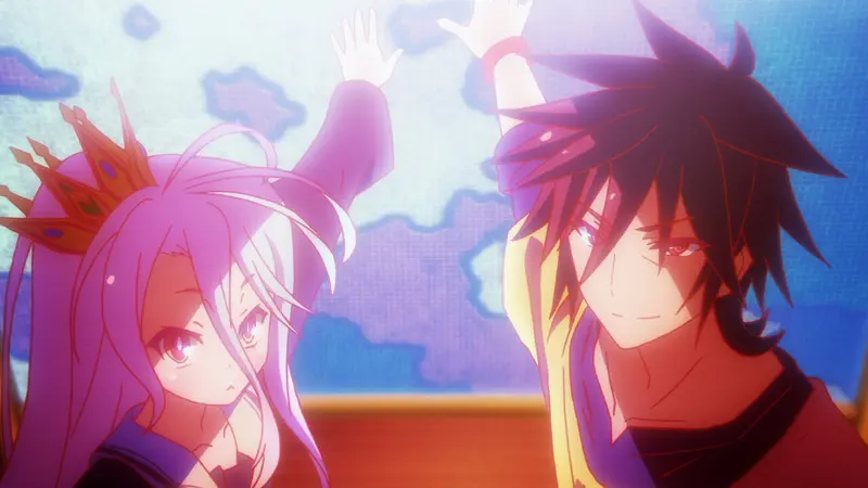Sora and Shiro happily high-fiving each other in front of a fantasy map after securing a strategic victory.