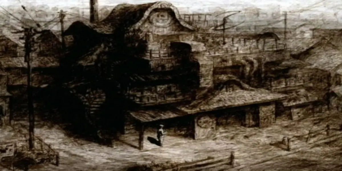 A dark, hand-drawn cityscape of detailed, eerie buildings sets the scene in the independent anime film Midori-ko.
