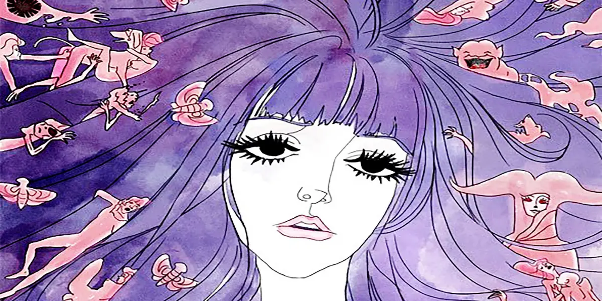 Jeanne features long flowing purple hair filled with creepy figures and moths in the watercolor-style anime film Belladonna of Sadness.
