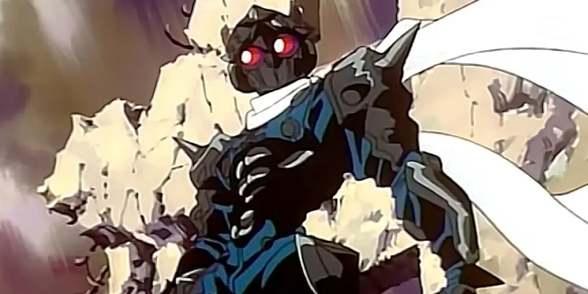Kakugo Hagakure wears his blue fortified armor with glowing red eyes and a white scarf in the anime Apocalypse Zero.