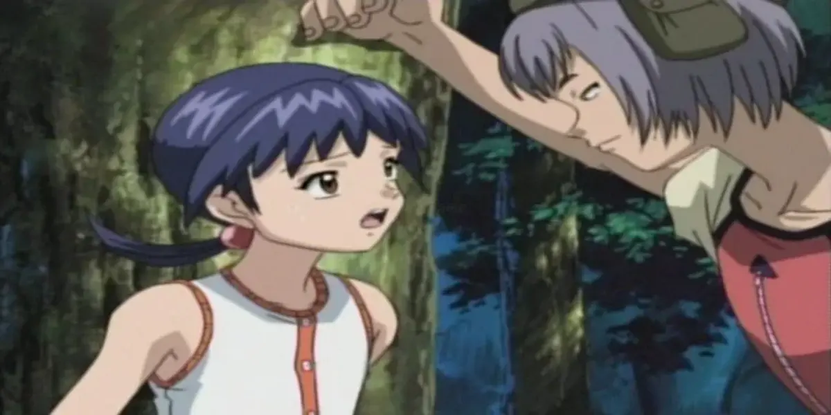 Shiina Tamai and Akira Sakura stand together within a dense, dark forest setting in the anime Shadow Star Narutaru.