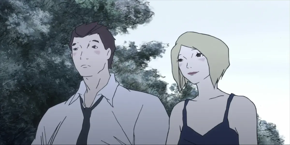 Toshihiko Momota and Yuka Kamitsuki look forward against a backdrop of sketchy trees in the uniquely animated series Kemonozume.