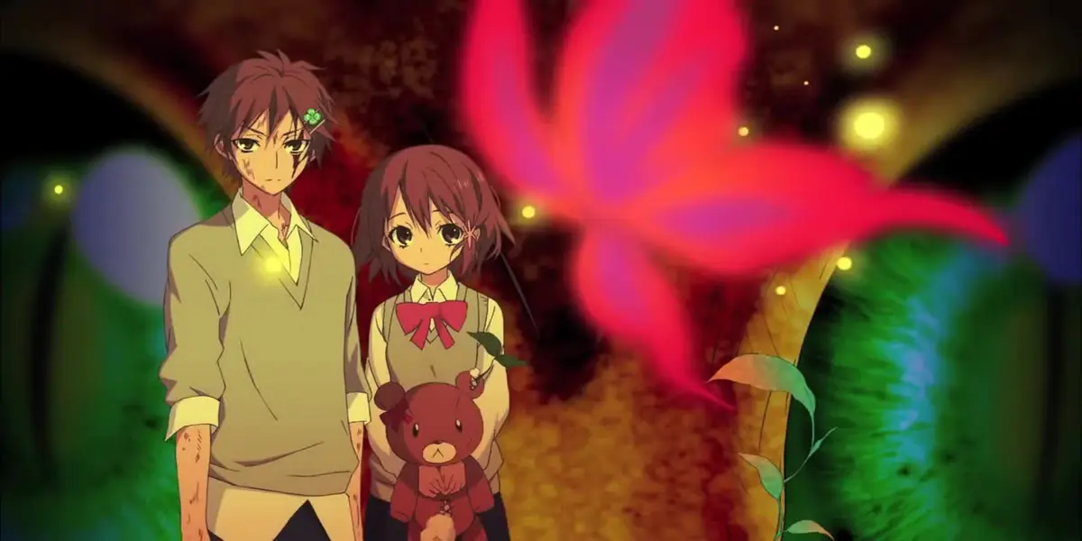 Utsutsu Hasegawa and Yume Hasegawa stand near a giant red butterfly and a glowing green eye while Yume holds a teddy bear in the anime Pupa.