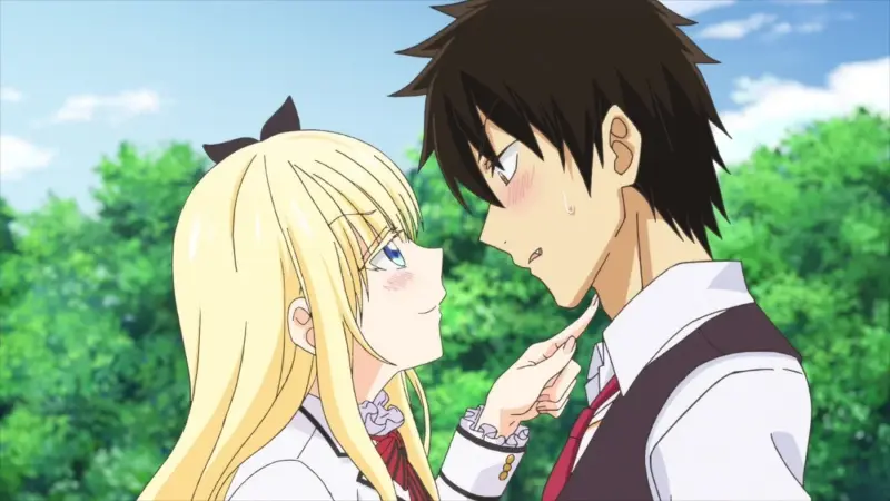 Juliet Persia softly touches Romio Inuzuka's chin while they look into each other's eyes surrounded by green trees.