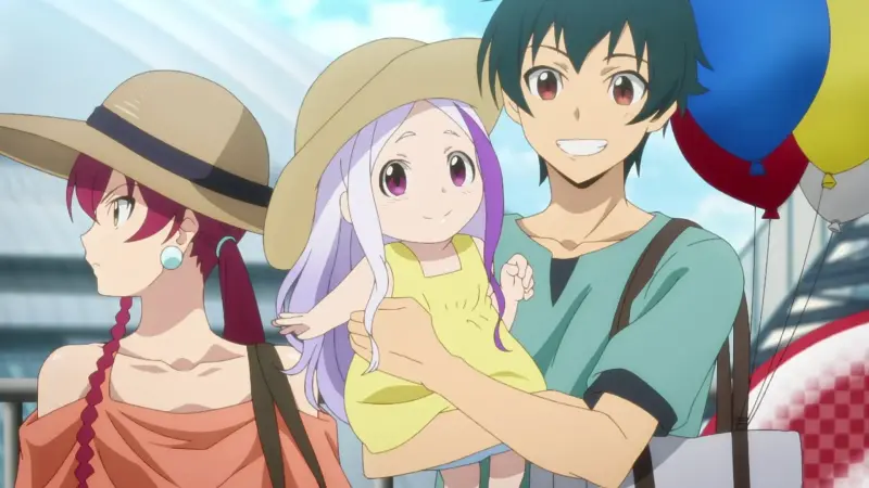 A smiling Sadao Maou holds the toddler Alas Ramus while Emi Yusa looks away pouting in a sun hat.