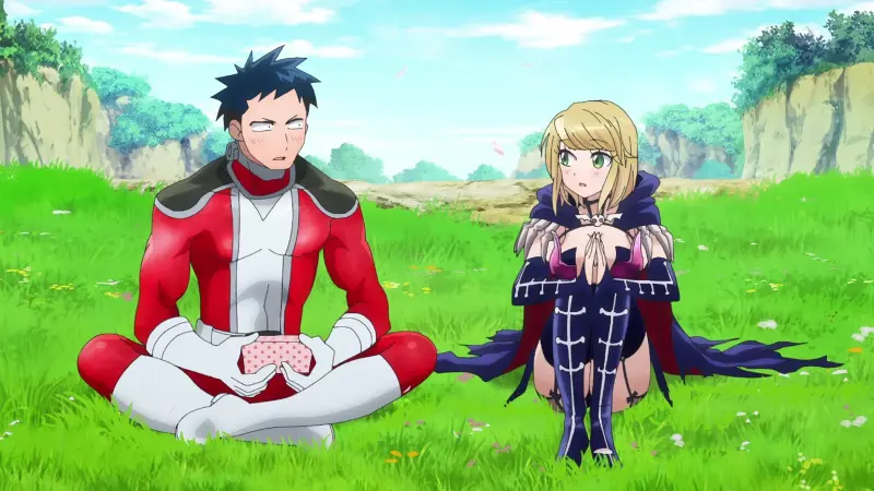 Fudo in his red hero suit sits on the grass holding a pink box next to Desumi in her dark villain outfit.