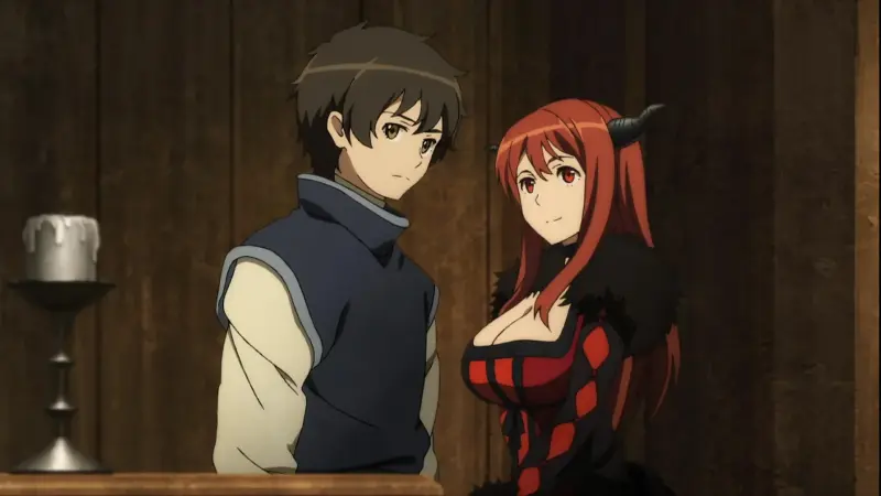 The red-haired Demon King, Maou, smiles gently beside the Hero, Yuusha, inside a dimly lit wooden cabin.