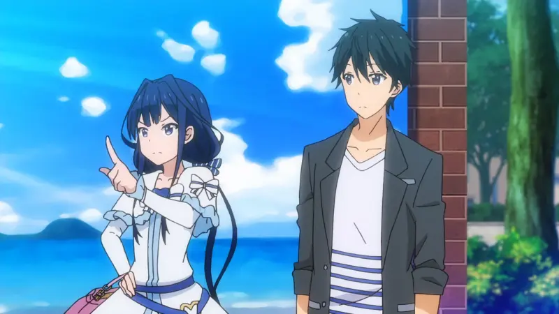 Aki Adagaki points her finger assertively while standing next to Masamune Makabe on a sunny promenade by the water.