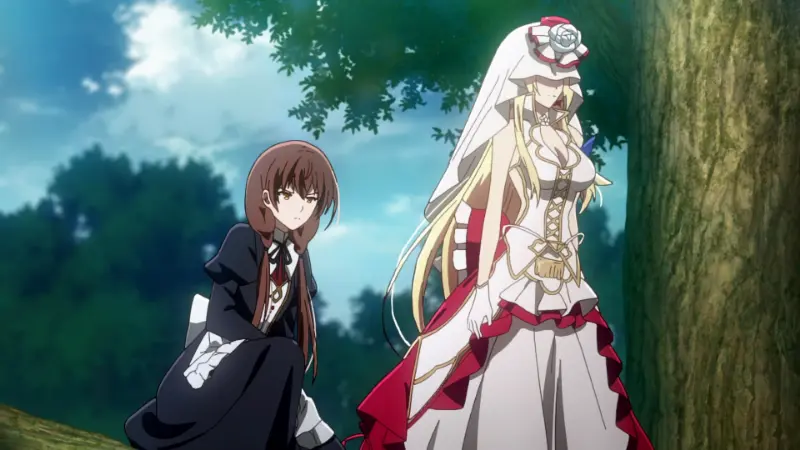 Aliceliese stands elegantly in a white and red dress alongside her maid Rin next to a large tree.