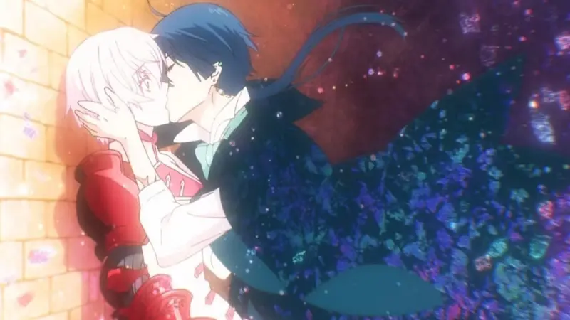 Vanitas romantically kisses Jeanne against a stone wall surrounded by glowing blue magical particles.