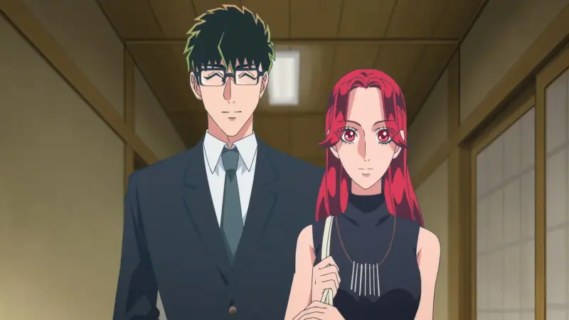 Yoshino and a smiling Kirishima walk side-by-side down a traditional wooden hallway in formal attire.