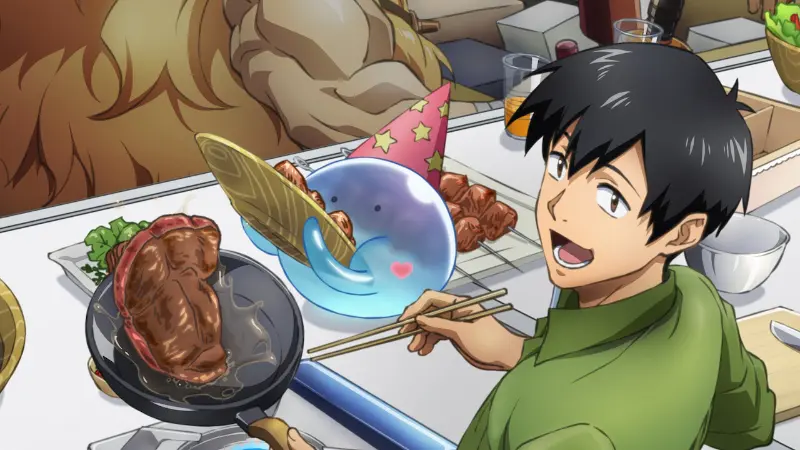 Mukoda Tsuyoshi smiling while frying a thick steak in a pan alongside his slime companion Sui in a standout entry for the best cooking anime.