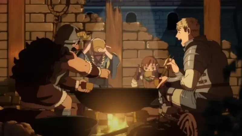 Laios, Marcille, and Chilchuck sitting around a campfire eating a monster hotpot meal inside a dark stone dungeon.