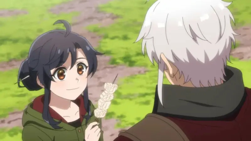 The black-haired Forsaken Saintess Rin Takanashi and her white-haired, horned demon companion Vil relaxing by a bright blue lake while enjoying freshly roasted meat skewers.