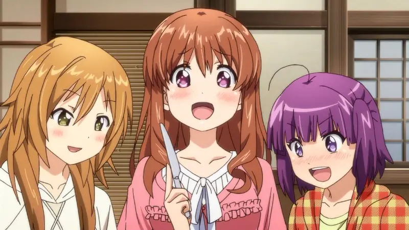 Machiko Ryou holding a spoon and smiling warmly with two of her friends, showcasing the cozy atmosphere found in the best cooking anime.