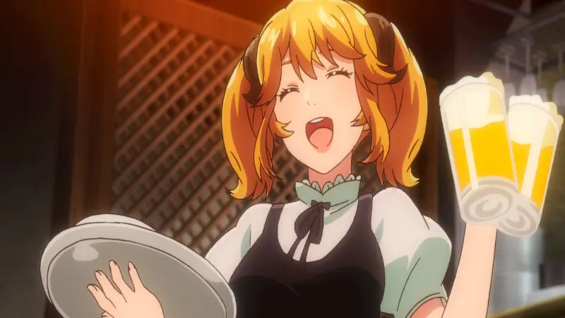 Aletta the demon waitress smiling brightly while serving two large foaming mugs of beer.