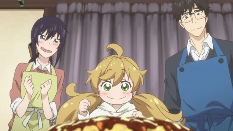 A young girl named Tsumugi eagerly staring at a hot meal on the table alongside Kohei and Kotori.